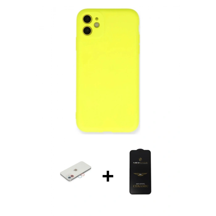MARSİLYAN™- iPhone 11 Kılıf Ahenk Serisi - Siyah 6D Antistatik Mat Seramik Hayalet Nano Ekran Koruyucu + Renkli Kamera Lens Koruma Cam - PE