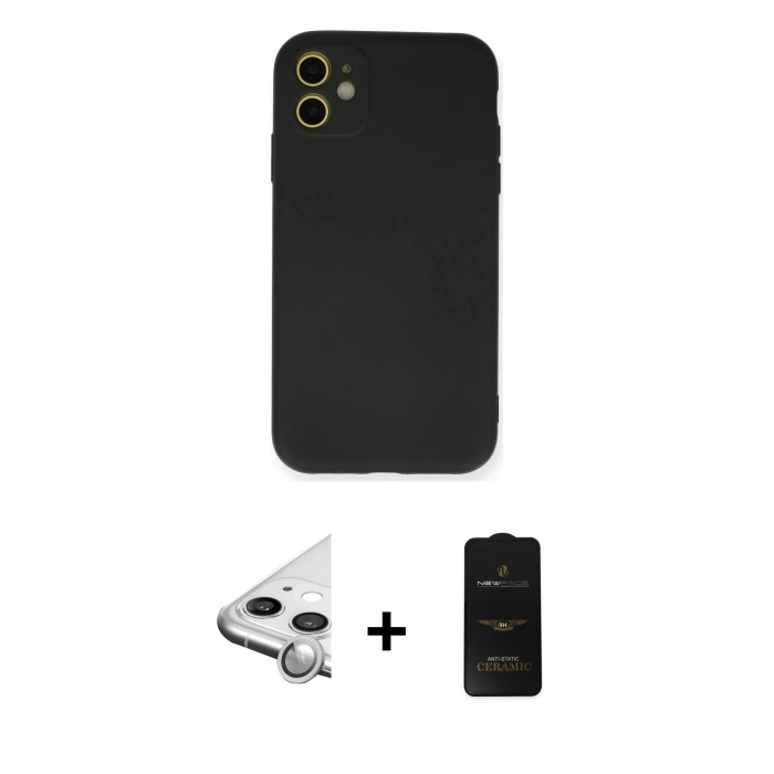 MARSİLYAN™- iPhone 11 Kılıf Ahenk Serisi - Siyah 6D Antistatik Mat Seramik Hayalet Nano Ekran Koruyucu + Raze Metal Kamera Lens - GS