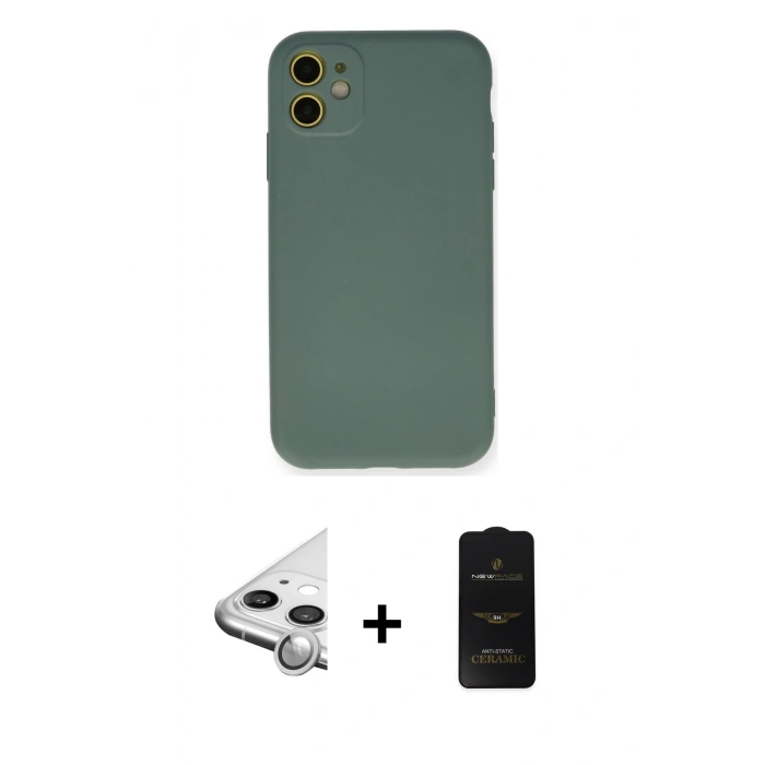 MARSİLYAN™- iPhone 11 Kılıf Ahenk Serisi - Siyah 6D Antistatik Mat Seramik Hayalet Nano Ekran Koruyucu + Raze Metal Kamera Lens - GS