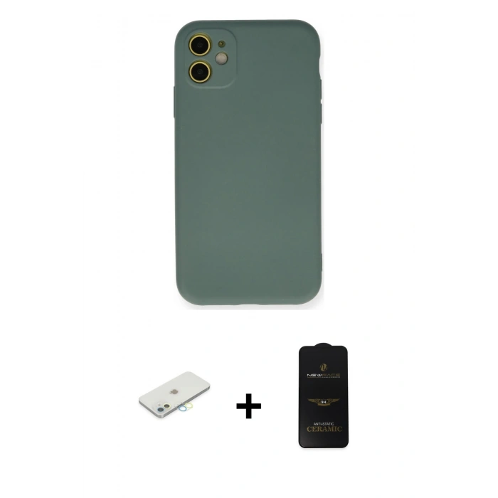 MARSİLYAN™- iPhone 11 Kılıf Ahenk Serisi - Siyah 6D Antistatik Mat Seramik Hayalet Nano Ekran Koruyucu + Renkli Kamera Lens Koruma Cam - SI