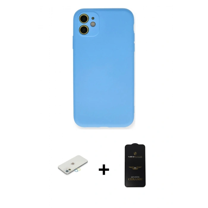 MARSİLYAN™- iPhone 11 Kılıf Ahenk Serisi - Siyah 6D Antistatik Mat Seramik Hayalet Nano Ekran Koruyucu + Renkli Kamera Lens Koruma Cam - SI