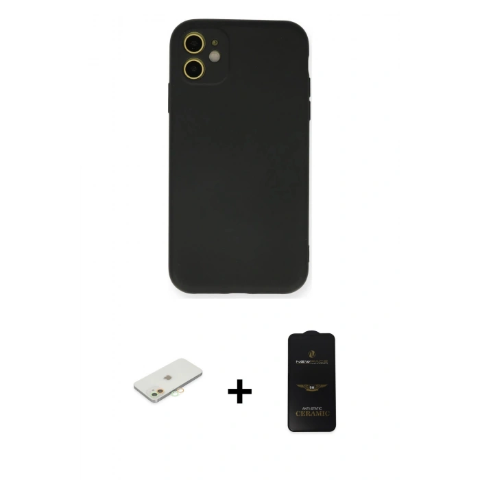 MARSİLYAN™- iPhone 11 Kılıf Ahenk Serisi - Siyah 6D Antistatik Mat Seramik Hayalet Nano Ekran Koruyucu + Renkli Kamera Lens Koruma Cam - TU