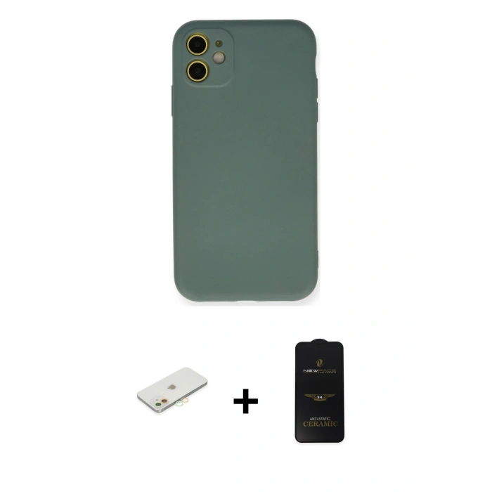 MARSİLYAN™- iPhone 11 Kılıf Ahenk Serisi - Siyah 6D Antistatik Mat Seramik Hayalet Nano Ekran Koruyucu + Renkli Kamera Lens Koruma Cam - TU