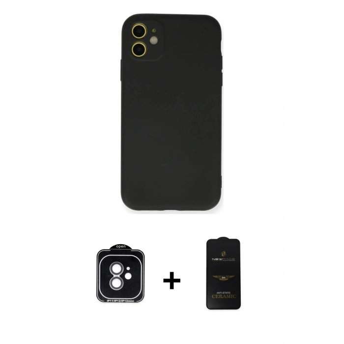 MARSİLYAN™- iPhone 11 Kılıf Ahenk Serisi - Siyah 6D Antistatik Mat Seramik Hayalet Nano Ekran Koruyucu + PVD Metal Kamera Lens - YL