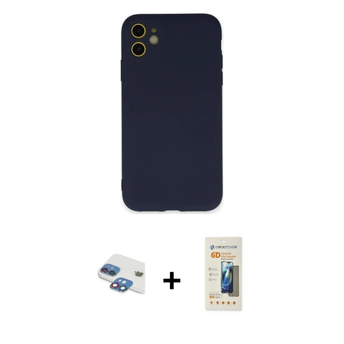 MARSİLYAN™- iPhone 11 Kılıf Ahenk Serisi - Siyah 6D Mat Seramik Hayalet Nano Ekran Koruyucu + Pers Alüminyum Kamera Lens - GI