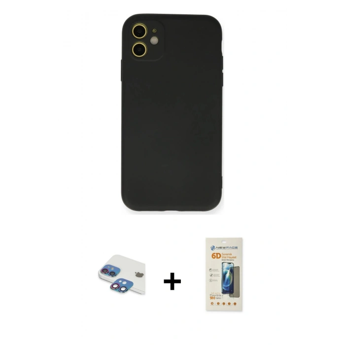 MARSİLYAN™- iPhone 11 Kılıf Ahenk Serisi - Siyah 6D Mat Seramik Hayalet Nano Ekran Koruyucu + Pers Alüminyum Kamera Lens - GI