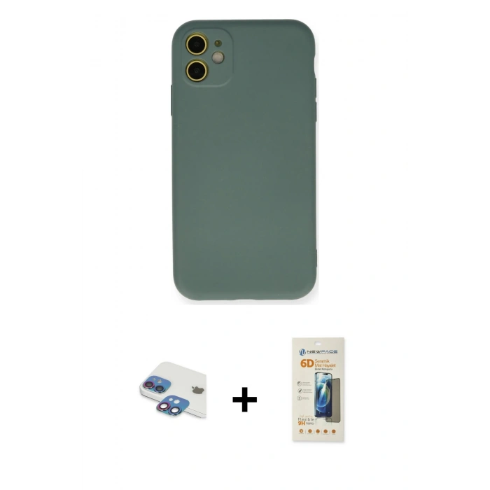 MARSİLYAN™- iPhone 11 Kılıf Ahenk Serisi - Siyah 6D Mat Seramik Hayalet Nano Ekran Koruyucu + Pers Alüminyum Kamera Lens - GI