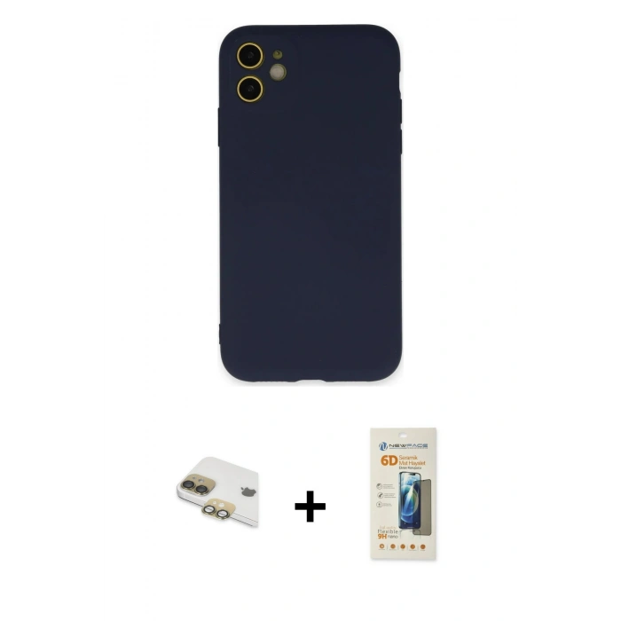 MARSİLYAN™- iPhone 11 Kılıf Ahenk Serisi - Siyah 6D Mat Seramik Hayalet Nano Ekran Koruyucu + Pers Alüminyum Kamera Lens - GD