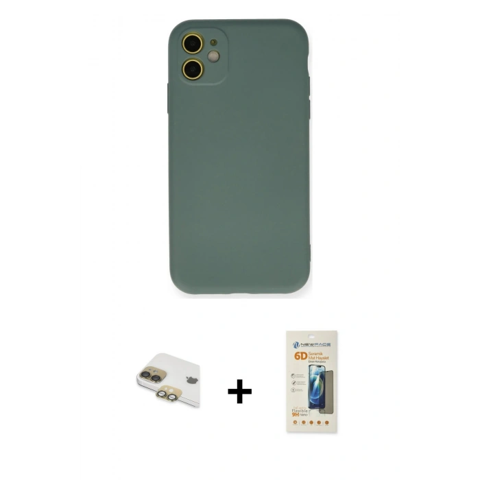 MARSİLYAN™- iPhone 11 Kılıf Ahenk Serisi - Siyah 6D Mat Seramik Hayalet Nano Ekran Koruyucu + Pers Alüminyum Kamera Lens - GD