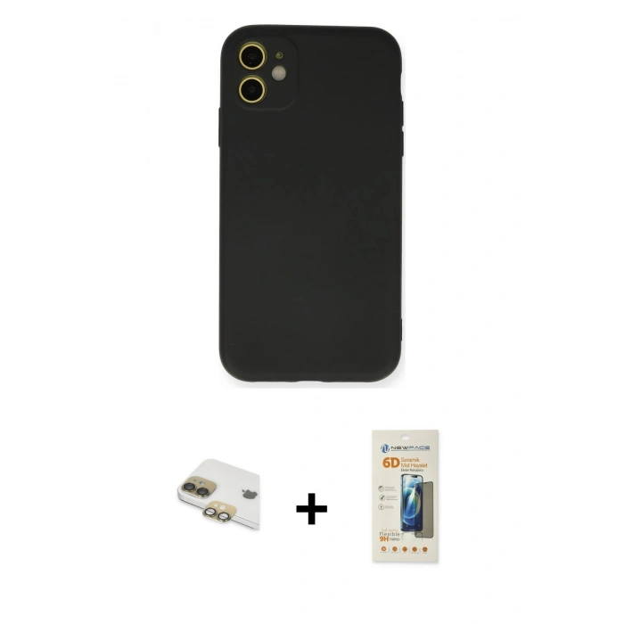 MARSİLYAN™- iPhone 11 Kılıf Ahenk Serisi - Siyah 6D Mat Seramik Hayalet Nano Ekran Koruyucu + Pers Alüminyum Kamera Lens - GD