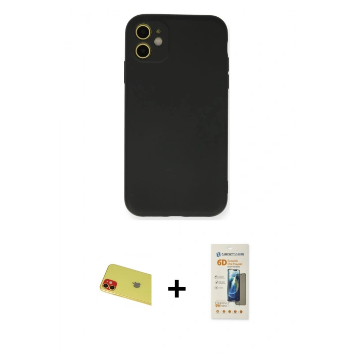 MARSİLYAN™- iPhone 11 Kılıf Ahenk Serisi - Siyah 6D Mat Seramik Hayalet Nano Ekran Koruyucu + Rainbow Kamera Lens Koruma Cam - KI