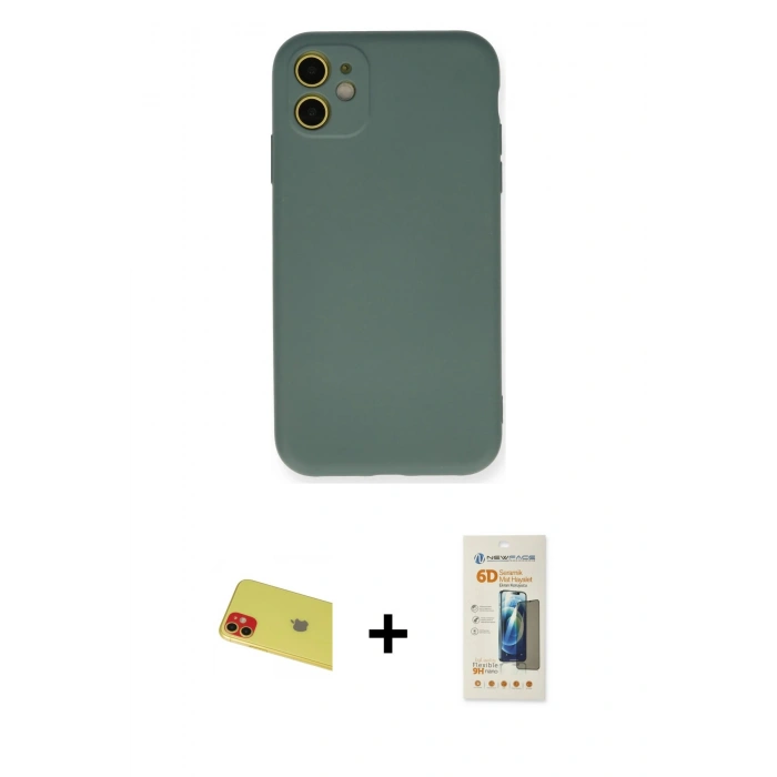 MARSİLYAN™- iPhone 11 Kılıf Ahenk Serisi - Siyah 6D Mat Seramik Hayalet Nano Ekran Koruyucu + Rainbow Kamera Lens Koruma Cam - KI
