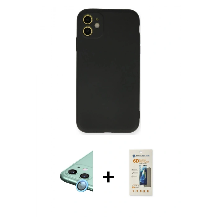 MARSİLYAN™- iPhone 11 Kılıf Ahenk Serisi - Siyah 6D Mat Seramik Hayalet Nano Ekran Koruyucu + Raze Metal Kamera Lens - MI