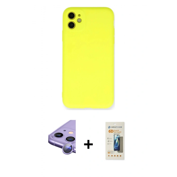 MARSİLYAN™- iPhone 11 Kılıf Ahenk Serisi - Siyah 6D Mat Seramik Hayalet Nano Ekran Koruyucu + Raze Metal Kamera Lens - MR