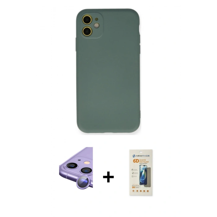 MARSİLYAN™- iPhone 11 Kılıf Ahenk Serisi - Siyah 6D Mat Seramik Hayalet Nano Ekran Koruyucu + Raze Metal Kamera Lens - MR
