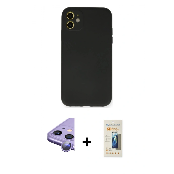 MARSİLYAN™- iPhone 11 Kılıf Ahenk Serisi - Siyah 6D Mat Seramik Hayalet Nano Ekran Koruyucu + Raze Metal Kamera Lens - MR