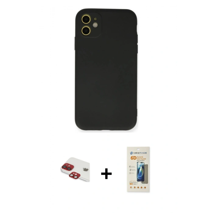 MARSİLYAN™- iPhone 11 Kılıf Ahenk Serisi - Siyah 6D Mat Seramik Hayalet Nano Ekran Koruyucu + Pers Alüminyum Kamera Lens - KI
