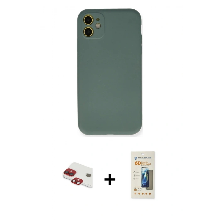 MARSİLYAN™- iPhone 11 Kılıf Ahenk Serisi - Siyah 6D Mat Seramik Hayalet Nano Ekran Koruyucu + Pers Alüminyum Kamera Lens - KI