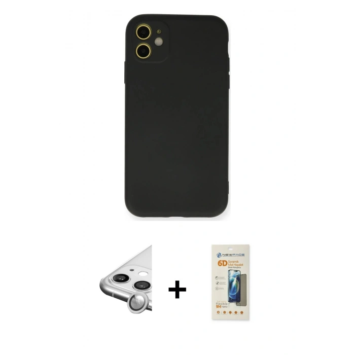 MARSİLYAN™- iPhone 11 Kılıf Ahenk Serisi - Siyah 6D Mat Seramik Hayalet Nano Ekran Koruyucu + Raze Metal Kamera Lens - GS