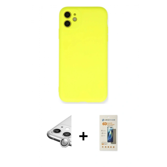 MARSİLYAN™- iPhone 11 Kılıf Ahenk Serisi - Siyah 6D Mat Seramik Hayalet Nano Ekran Koruyucu + Raze Metal Kamera Lens - GS