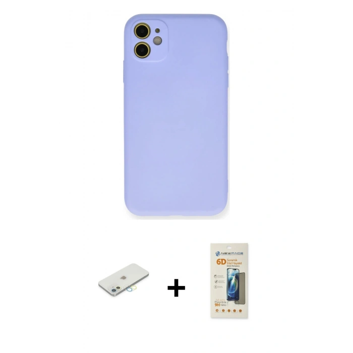MARSİLYAN™- iPhone 11 Kılıf Ahenk Serisi - Siyah 6D Mat Seramik Hayalet Nano Ekran Koruyucu + Renkli Kamera Lens Koruma Cam - SI