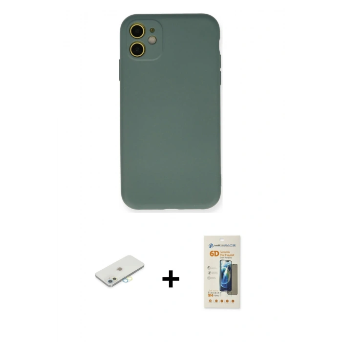 MARSİLYAN™- iPhone 11 Kılıf Ahenk Serisi - Siyah 6D Mat Seramik Hayalet Nano Ekran Koruyucu + Renkli Kamera Lens Koruma Cam - SI