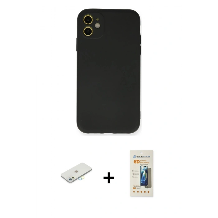 MARSİLYAN™- iPhone 11 Kılıf Ahenk Serisi - Siyah 6D Mat Seramik Hayalet Nano Ekran Koruyucu + Renkli Kamera Lens Koruma Cam - SI
