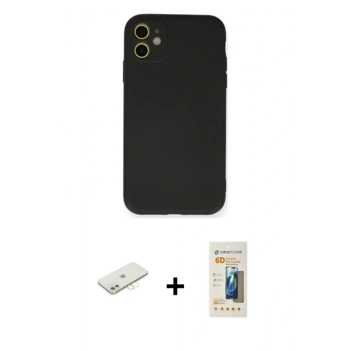 MARSİLYAN™- iPhone 11 Kılıf Ahenk Serisi - Siyah 6D Mat Seramik Hayalet Nano Ekran Koruyucu + Renkli Kamera Lens Koruma Cam - SI