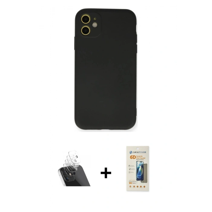 MARSİLYAN™- iPhone 11 Kılıf Ahenk Serisi - Siyah 6D Mat Seramik Hayalet Nano Ekran Koruyucu + Şeffaf Kamera Lens Koruma Cam