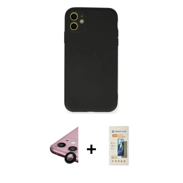 MARSİLYAN™- iPhone 11 Kılıf Ahenk Serisi - Siyah 6D Mat Seramik Hayalet Nano Ekran Koruyucu + Raze Metal Kamera Lens - SH