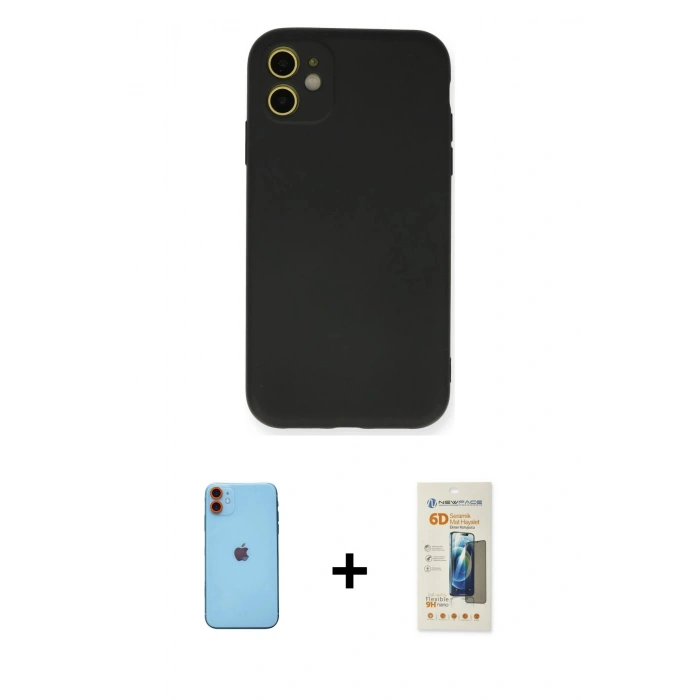 MARSİLYAN™- iPhone 11 Kılıf Ahenk Serisi - Siyah 6D Mat Seramik Hayalet Nano Ekran Koruyucu + Turuncu Neon Fosforlu Kamera Lens