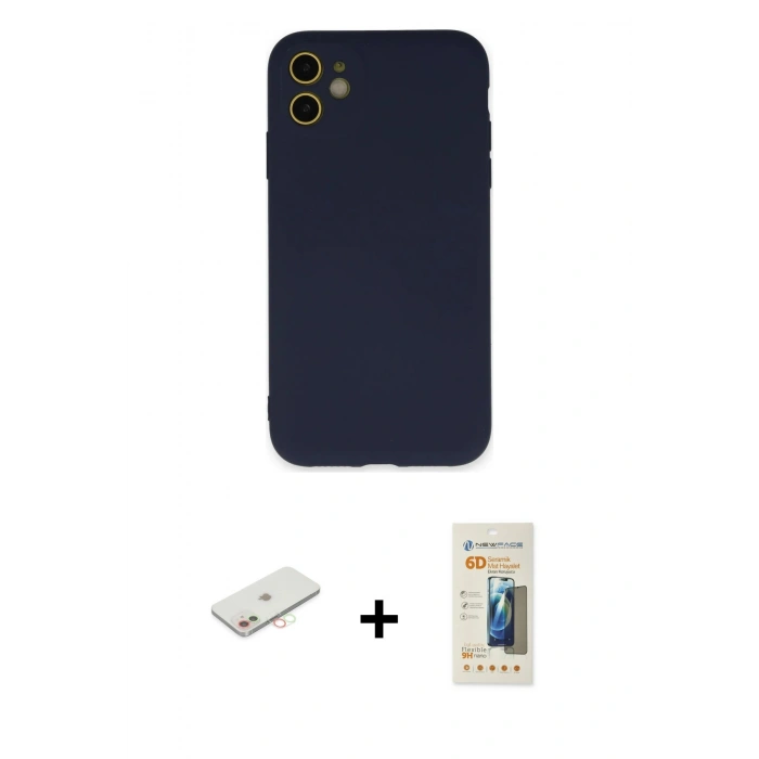 MARSİLYAN™- iPhone 11 Kılıf Ahenk Serisi - Siyah 6D Mat Seramik Hayalet Nano Ekran Koruyucu + Renkli Kamera Lens Koruma Cam - YL