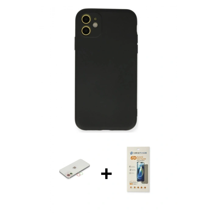 MARSİLYAN™- iPhone 11 Kılıf Ahenk Serisi - Siyah 6D Mat Seramik Hayalet Nano Ekran Koruyucu + Renkli Kamera Lens Koruma Cam - YL