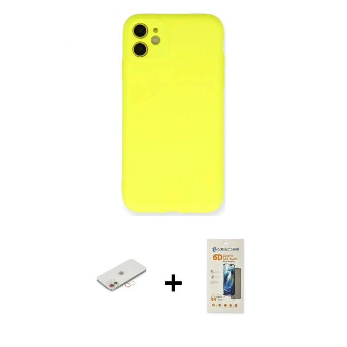 MARSİLYAN™- iPhone 11 Kılıf Ahenk Serisi - Siyah 6D Mat Seramik Hayalet Nano Ekran Koruyucu + Renkli Kamera Lens Koruma Cam - YL