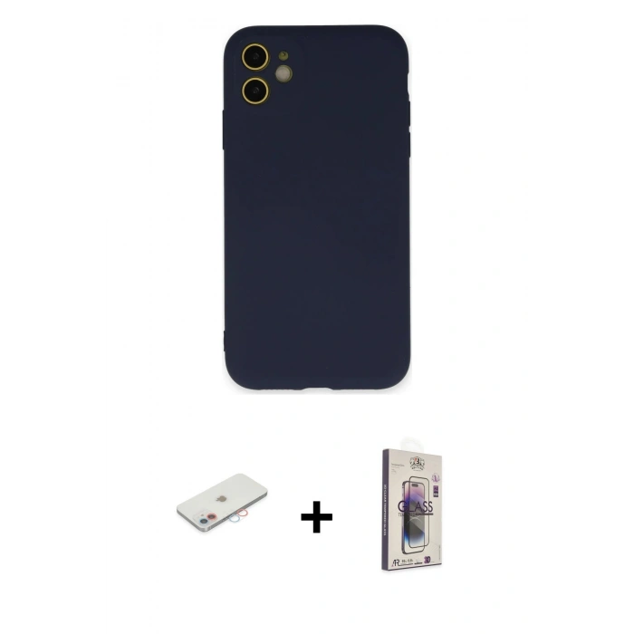 MARSİLYAN™- iPhone 11 Kılıf Ahenk Serisi - Siyah Bilvis 3D Cam Ekran Koruyucu + Renkli Kamera Lens Koruma Cam - PE