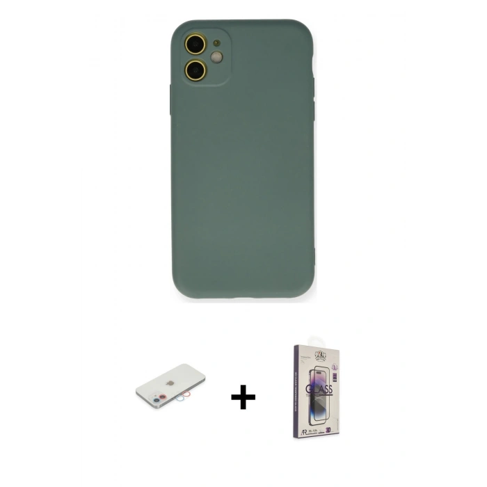 MARSİLYAN™- iPhone 11 Kılıf Ahenk Serisi - Siyah Bilvis 3D Cam Ekran Koruyucu + Renkli Kamera Lens Koruma Cam - PE