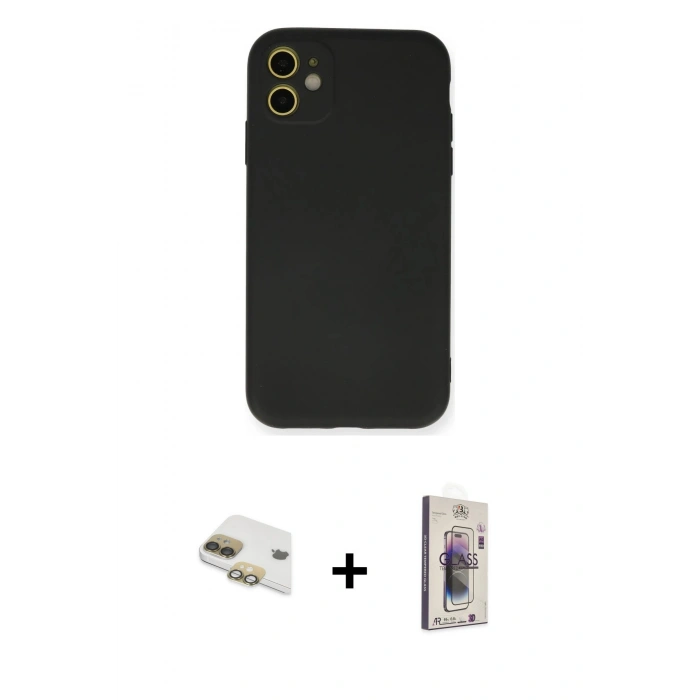 MARSİLYAN™- iPhone 11 Kılıf Ahenk Serisi - Siyah Bilvis 3D Cam Ekran Koruyucu + Pers Alüminyum Kamera Lens - GD