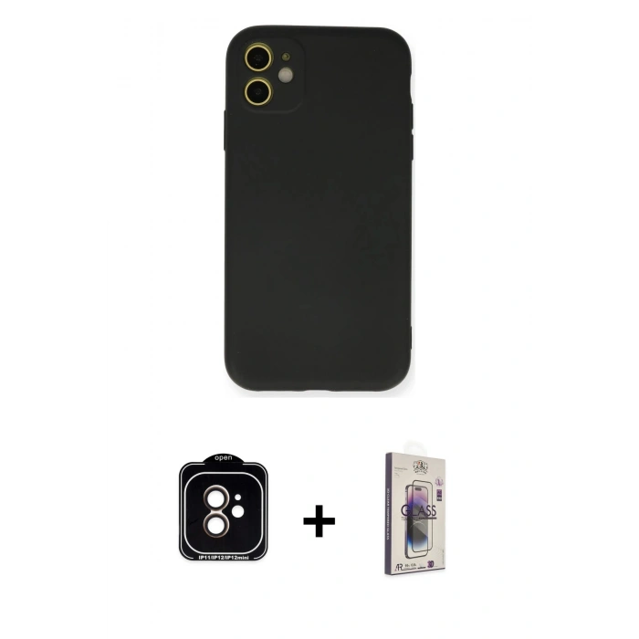 MARSİLYAN™- iPhone 11 Kılıf Ahenk Serisi - Siyah Bilvis 3D Cam Ekran Koruyucu + PVD Metal Kamera Lens - TU