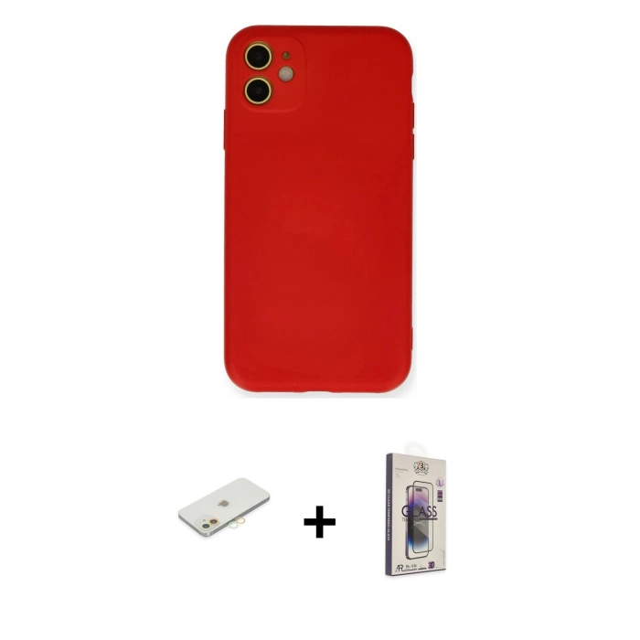 MARSİLYAN™- iPhone 11 Kılıf Ahenk Serisi - Siyah Bilvis 3D Cam Ekran Koruyucu + Renkli Kamera Lens Koruma Cam - TU