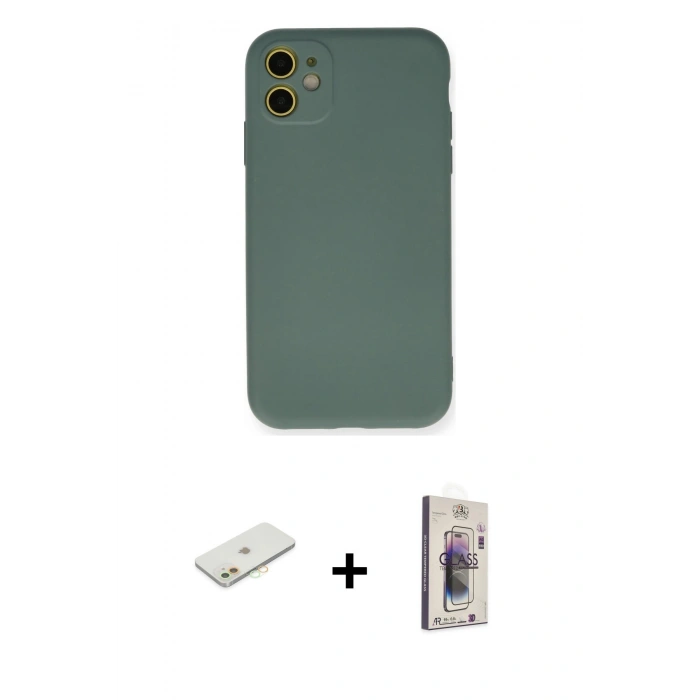 MARSİLYAN™- iPhone 11 Kılıf Ahenk Serisi - Siyah Bilvis 3D Cam Ekran Koruyucu + Renkli Kamera Lens Koruma Cam - TU