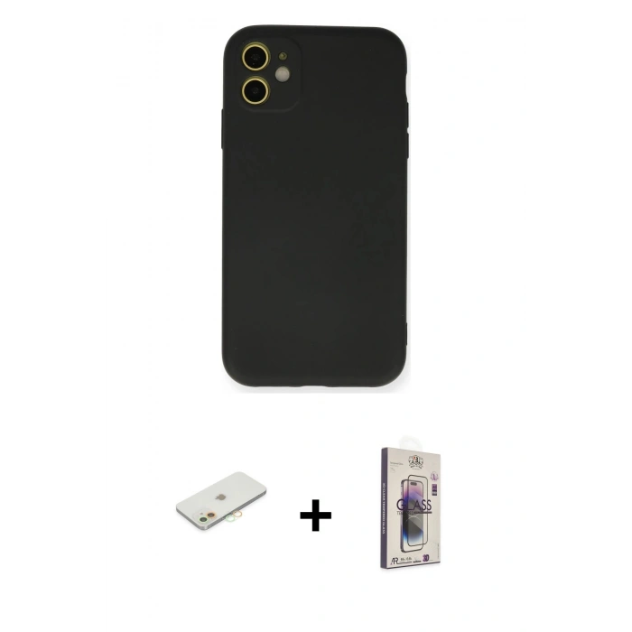 MARSİLYAN™- iPhone 11 Kılıf Ahenk Serisi - Siyah Bilvis 3D Cam Ekran Koruyucu + Renkli Kamera Lens Koruma Cam - TU