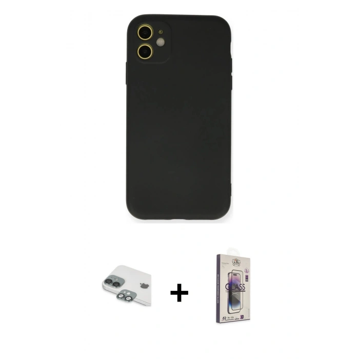 MARSİLYAN™- iPhone 11 Kılıf Ahenk Serisi - Siyah Bilvis 3D Cam Ekran Koruyucu + Pers Alüminyum Kamera Lens - YL