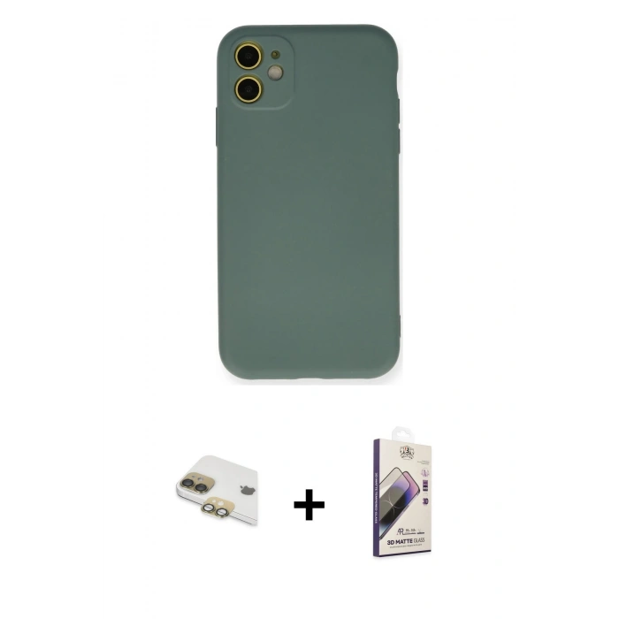 MARSİLYAN™- iPhone 11 Kılıf Ahenk Serisi - Siyah Bilvis 3D Mat Cam Ekran Koruyucu + Pers Alüminyum Kamera Lens - GD