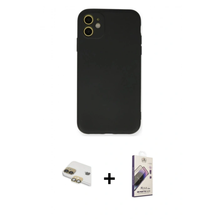MARSİLYAN™- iPhone 11 Kılıf Ahenk Serisi - Siyah Bilvis 3D Mat Cam Ekran Koruyucu + Pers Alüminyum Kamera Lens - GD
