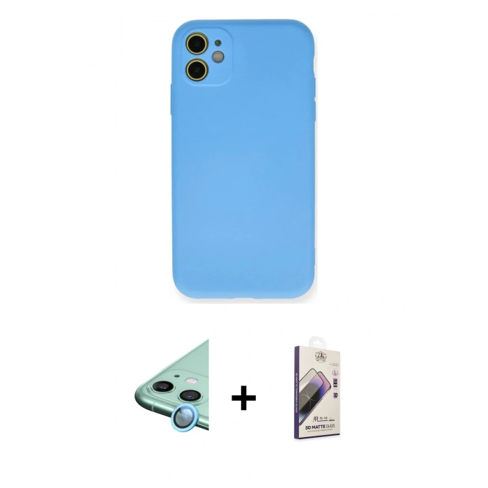 MARSİLYAN™- iPhone 11 Kılıf Ahenk Serisi - Siyah Bilvis 3D Mat Cam Ekran Koruyucu + Raze Metal Kamera Lens - MI