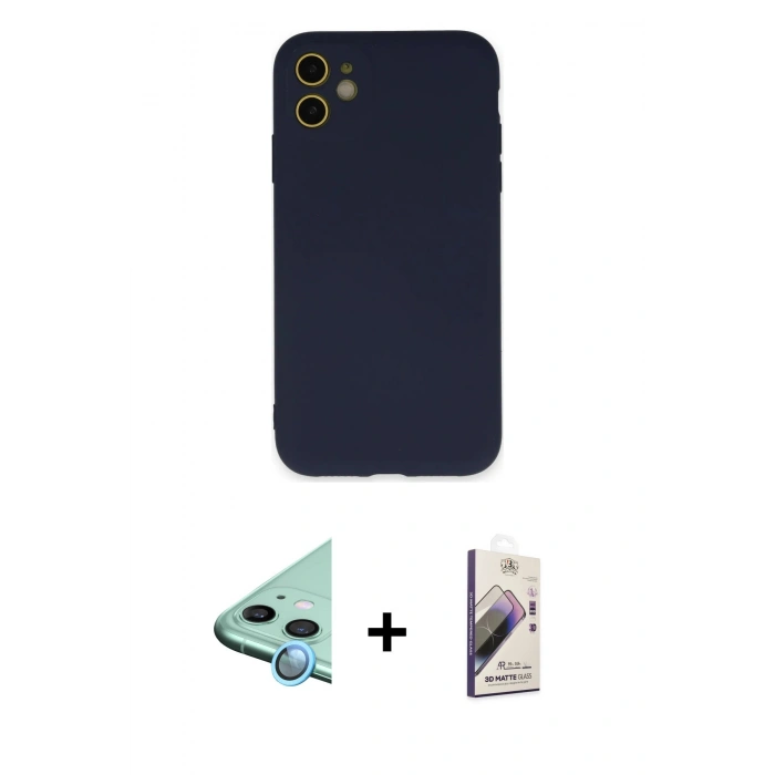 MARSİLYAN™- iPhone 11 Kılıf Ahenk Serisi - Siyah Bilvis 3D Mat Cam Ekran Koruyucu + Raze Metal Kamera Lens - MI