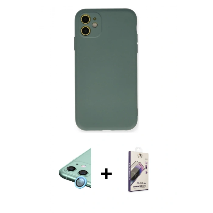 MARSİLYAN™- iPhone 11 Kılıf Ahenk Serisi - Siyah Bilvis 3D Mat Cam Ekran Koruyucu + Raze Metal Kamera Lens - MI