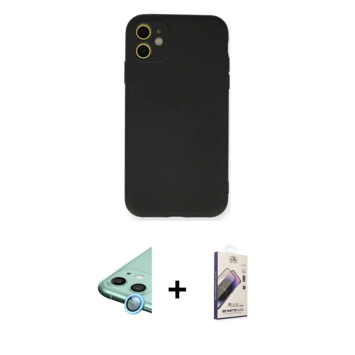 MARSİLYAN™- iPhone 11 Kılıf Ahenk Serisi - Siyah Bilvis 3D Mat Cam Ekran Koruyucu + Raze Metal Kamera Lens - MI