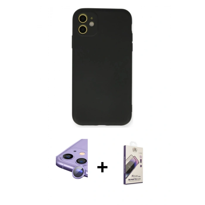 MARSİLYAN™- iPhone 11 Kılıf Ahenk Serisi - Siyah Bilvis 3D Mat Cam Ekran Koruyucu + Raze Metal Kamera Lens - MR
