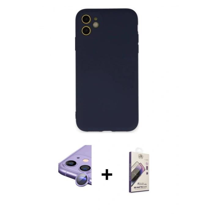 MARSİLYAN™- iPhone 11 Kılıf Ahenk Serisi - Siyah Bilvis 3D Mat Cam Ekran Koruyucu + Raze Metal Kamera Lens - MR